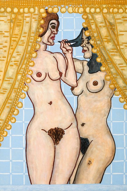 William N. Copley, Jules and Jim, 1973, acrylic on linen , 59 x 45 inches, 149.9 x 114.3 cm. Courtesy of Paul Kasmin Gallery

