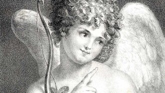 Dettaglio Cupido che simboleggia l'Amore/Amor con in mano il suo arco e una rosa e che alza un dito come se fosse un avvertimento. Litografia