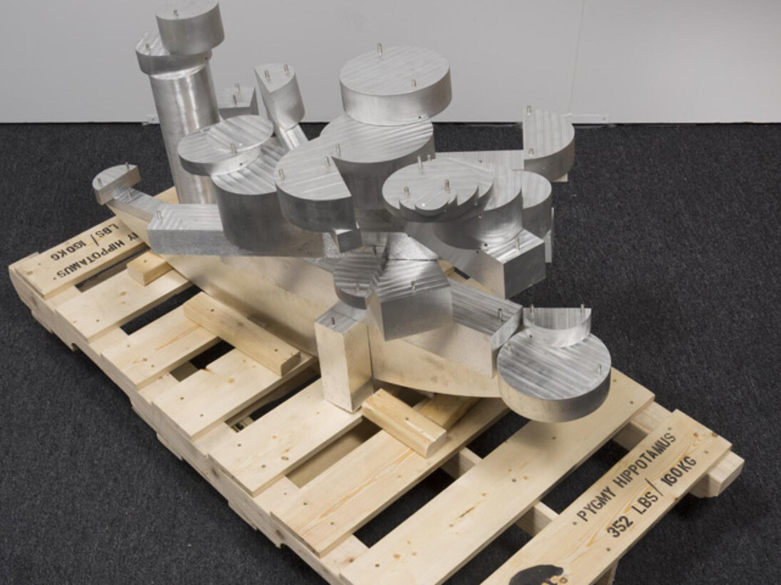 David Brooks, Aluminum Blocks - 352 lbs - or Pygmy Hippopotamus (West Africa), 2014 Aluminum, stainless steel pins, wood slat crate, stencil paint, packing material, hardware, 39 x 60 x 34 in. (99.1 x 152.4 x 86.4 cm) Courtesy of the artist and American Contemporary, New York