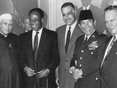 World leaders Shri Jawaharlal Nehru of India, Kwame Nkrumah of Ghana, Gamal Abdel Nasser of Egypt, Sukarno of Indonesia, and Josip Broz Tito of Yugoslavia at the Bandung conference in 1955
