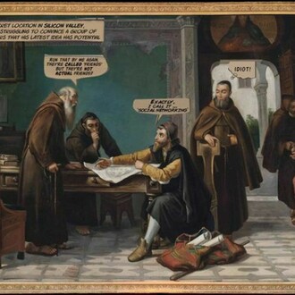 The Connor Brothers, They're called Friends, 2013, 'Christopher Columbus at the Monastery Rabida' - Bastardized Italian school, 
19th Century oil on canvas, 125 x 166.6 cm