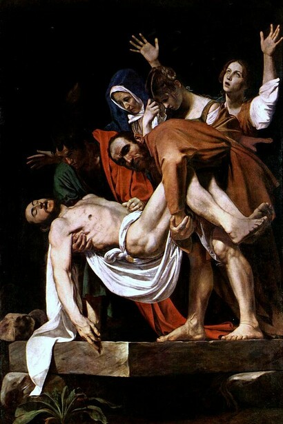 Caravaggio's The Entombment of Christ, created around 1602–1603, is a religious painting depicting the entombment of Jesus. The artwork, which measures 300 cm in height and 203 cm in width, is painted in oil on canvas. It features figures such as Nicodemus, John the Apostle, Mary, Mary Jacobi, and Mary Magdalene. The painting is part of the collection at the Pinacoteca Vaticana, Italy