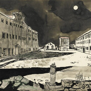 John Minton, Deserted Garrison, pen and ink, ink wash, charcoal and coloured chalks, 1947 © Royal College of Art