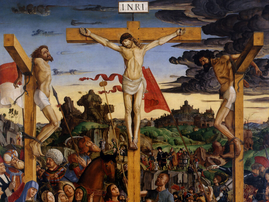 Francesco Bianchi Ferrari, Crocefissione con i santi Girolamo e Francesco (Pala delle Tre Croci), dettaglio, olio su tavola , 267 x 220 cm