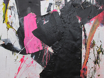 EC, Schismism, 2014, Acrylic, household paint, spray paint, and collage on canvas, 100 x 100 cm