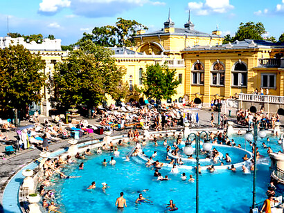 The courtyard of Szechenyi Baths, one of Hungary’s iconic thermal bath complexes, and the historic Turkish Bath (Pécsi Fürdő) both reflect the enduring legacy of Ottoman hammam culture in Hungary, Pecs