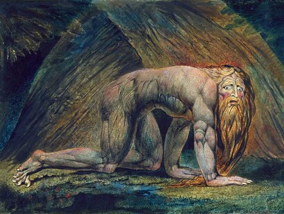 William Blake (1757–1827), Nebuchadnezzar, c. 1795–1805, Colour print, ink, and watercolour on paper, 54.3 x 72.5 cm, © Tate, London