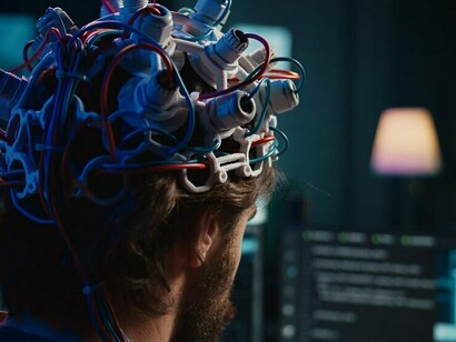A computer scientist wears an EEG headset, connecting the brain to cyberspace via a brain-computer interface powered by advanced neurotechnology