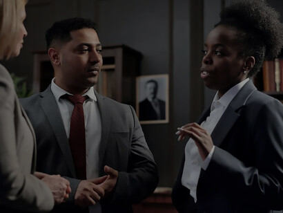 A triumphant African American businesswoman engages in a discussion with her colleagues, showcasing her success and fostering collaboration within the professional setting
