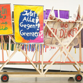 Installation view: ... of bread, wine, cars, security and peace, Kunsthalle Wien 2020, photo: Kunsthalle Wien: Marina Naprushkina, Jetzt! Alles für Alle!, 2019, courtesy the artist

