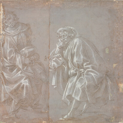 Filippino Lippi, Studi per la figura di un Santo inginocchiato con un pastorale e per una figura in piedi con turbante, Punta metallica, con lumeggiature di biacca su carta preparata in colore grigio, mm 239 x 248
Firenze, Gabinetto Disegni e Stampe degli Uffizi, inv.171 
