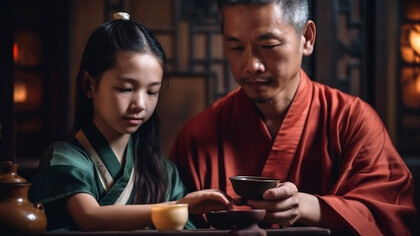 A Chinese man and his child are happily sitting together, preparing tea