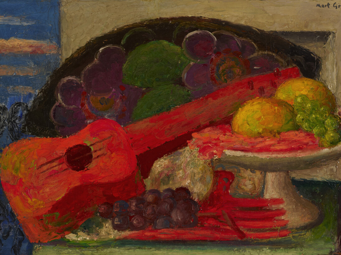Mark Gertler, Still Life with Guitar, 1935, oil on board, 34 x 51.5 cm. Ben Uri Collection