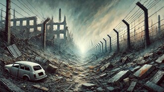 A stark depiction of the abyssal divide between humanity and inhumanity, capturing the desolation and destruction that symbolize the modern tragedy of Gaza, Palestine