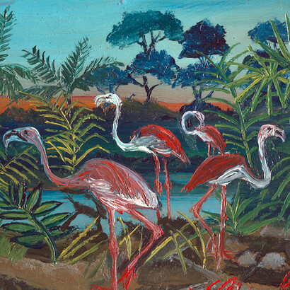 Fenicotteri, 1953-1954, olio su tavola di faesite, 21x18 cm. Collezione privata