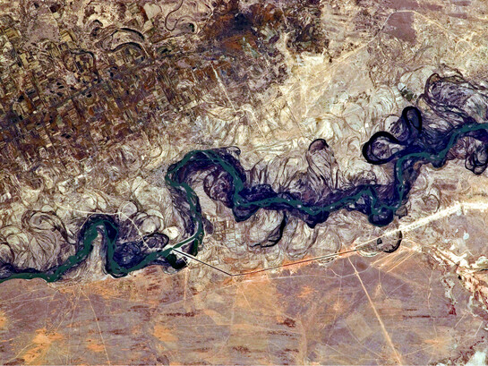 The Syr Darya River floodplain appears here as a maze of winding meanders and loops at the image’s center. The darkest areas mark dense brush along the river’s current course, filled with blue-green water, while lighter wisps of vegetation trace the swampy depressions, or sloughs, that flank it