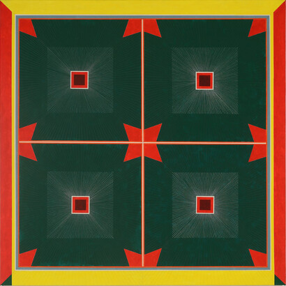 Mary Judge, Diadema Red and Green, 2014, flashe, graphite, white charcoal pencil on linen mounted on board, 48 x 48 inches