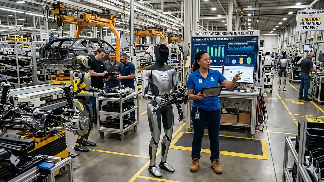 The dawn of the hybrid workforce: A manager orchestrates a seamless flow between human expertise and humanoid precision on a high-tech factory floor in 2026