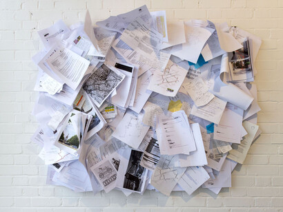 William Mackrell, Deux Chevaux (Documentation), 2014, Pin board, printed correspondence, 170 cm x 140 cm x 20 cm, Courtesy The Ryder Projects