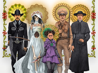 Detalle de la portada del libro, «Santos indocumentados: Las políticas de la migración de devociones» de William Calvo-Quirós