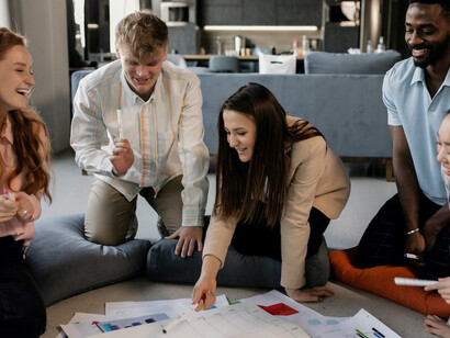 A team of marketing professionals collaboratively engaged in their office workspace