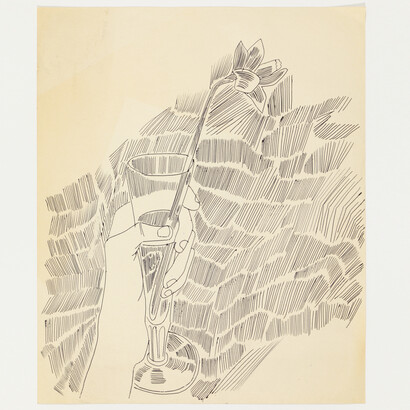 Andy Warhol, Hand With Flower, c. 1955, Black ballpoint on manilla paper, 16 3/4 x 14 inches (paper) (42.5 x 35.6 cm). © The Andy Warhol Foundation for the Visual Arts, Inc. Courtesy Anton Kern Gallery, New York