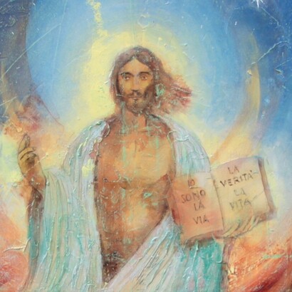 Luigi Salvatori, Sinfonia di Resurrezione, acrilico su tela, 100x100 cm, 2025, particolare volto di Cristo