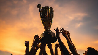 Celebrate victory with a compelling image of hands lifting a football cup, symbolizing triumph and success in soccer championships
