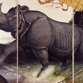 Walton Ford, Loss of the Lisbon Rhinoceros, 2008, signed with artist's initials `W.F.' (lower right corner of right panel), watercolor, gouache, pencil, and ink on paper. Panel 1 framed: 98 1/4 x 42 3/4 inches; 249.6 x 108.6 cm. Panel 2 framed: 98 1/4 x 62 3/4 inches; 249.6 x 159.4 cm. Panel 3 framed: 98 1/4 x 42 3/4 inches; 249.6 x 108.6 cm. Sotheby’s + Paul Kasmin Gallery , Naturalia: Scenes from the Underbrush, 19 January – 4 March 2017

