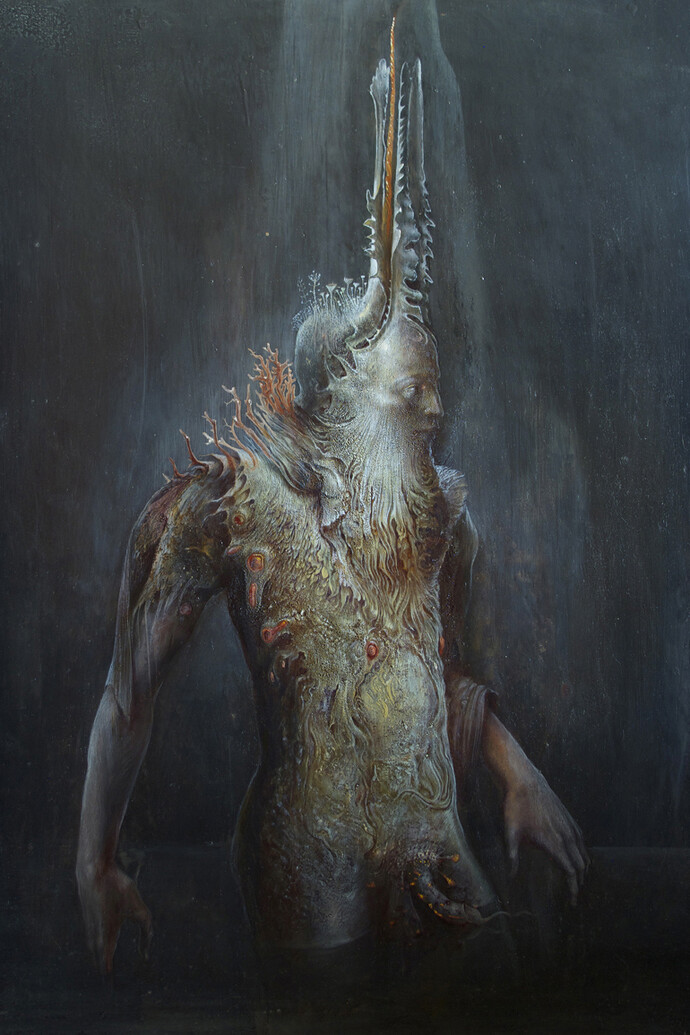 Agostino Arrivabene,  L'uomo salamandra, 2014, olio su legno, cm 50 x 35