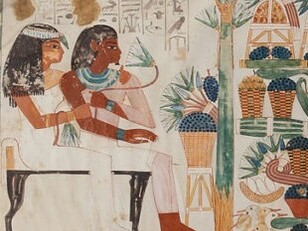 Affresco dalla cosiddetta Tomba di Nakht,  TT52 (Theban Tomb 52) con una scena di vendemmia. Rilevata tra il 198 e il 1910 da Norman de Garis Davies per il Metropolitan Museum of Art di New York, USA