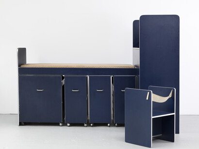 "Living System Box 1" compact living environment including: closet, bed, chest of drawers, shelf, desk, vanity. Wood and laminate. Designed by Joe Colombo for La Linea, Lurago D'Erba, Como, Italy, 1968. 70.87" L x 51.38" W x 23.82" H / 180cm L x 130.5cm W x 60.5cm H. Photograph by Joe Kramm/R & Company