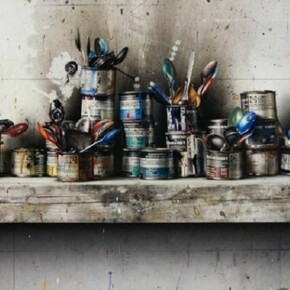 César Galicia, Paint Cans, 2012, mixed media on board, 21 5/8 x 33 1/2 inches