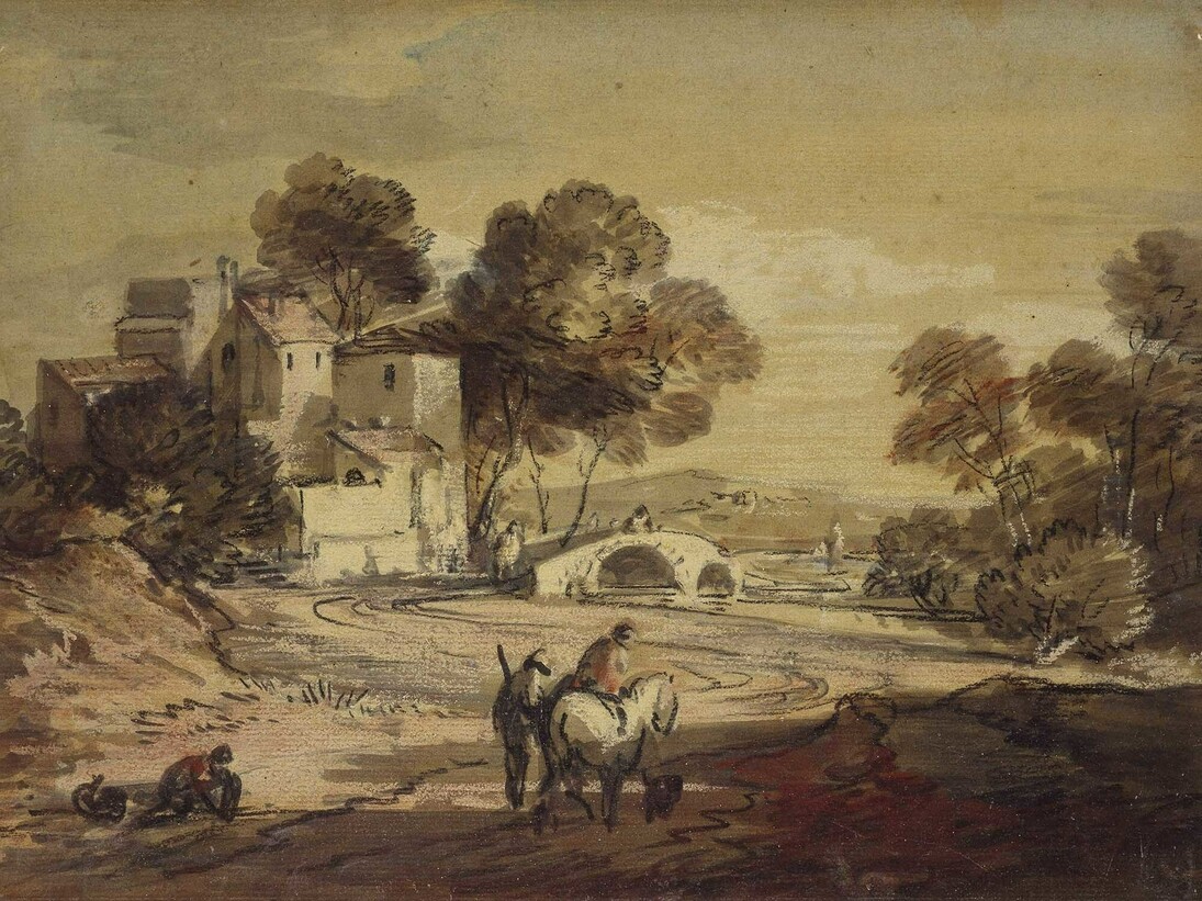 Thomas Gainsborough (1727‒1788), Italianate Landscape with Travellers on a winding Road, c. 1775‒1779, Black chalk with watercolour and bodycolour, 22.5 x 30.9 cm © Ashmolean Museum, University of Oxford