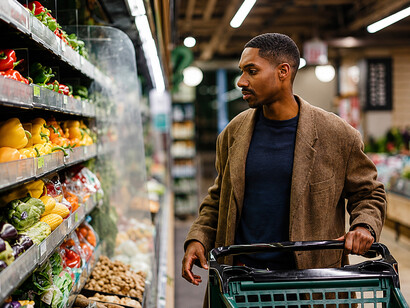 Man shopping for fresh produce in a supermarket aisle, reflecting everyday consumer habits and grocery purchasing decisions