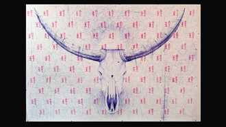 Antonio Riello, Post It, 2021,  280 x 150 cm,  biro rossa e blu su carta