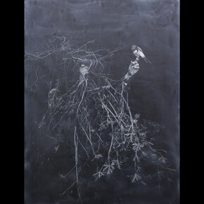 Bessma Khalaf, A bird in the hand.., 2023, archival pigment print, charcoal, chalk, beeswax and damar resin on panel, 24x18x2 inches. Courtesy of the artist and Romer Young Gallery