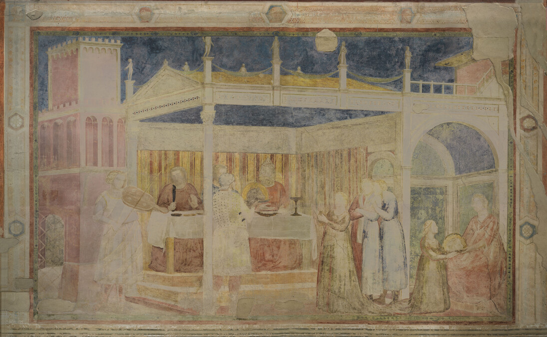 Firenze. Santa Croce, cappella Peruzzi. Giotto,
Banchetto di Erode
Documentazione fotografica a luce visibile e della fluorescenza da ultravioletti del ciclo pittorico di Giotto: Art Imaging di  Annette Keller 

