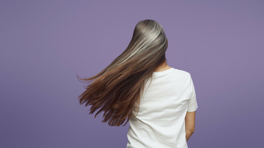 Long brunette hair accented by soft silver strands, reflecting the biological changes that influence hair pigmentation