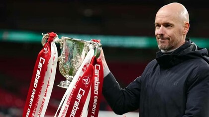 Erik ten Hag lifting his first trophy as Manchester United boss