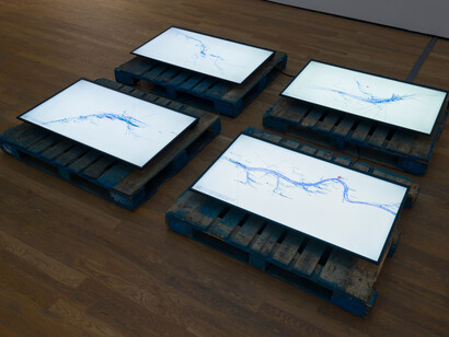 Joan Heemskerk, A2B: Sorry We Missed You,
2022, 4 channel video installation, LCD screens, wood, dimensions variable. Edition of 3 with 2 AP - 1 of 3, photo by Charles Benton. Courtesy of the artist and Foxy Production