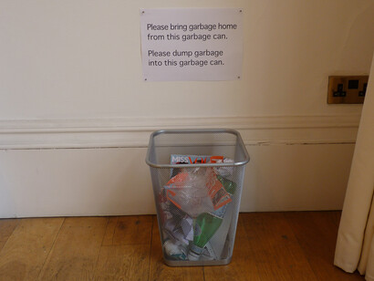 Satoshi Hashimoto, Please dump garbage into this garbage can/ Please bring garbage home from this garbage can,2010, garbage can, garbage, instructions, visitors 