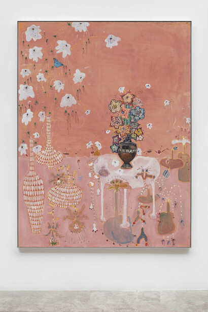 Paulo Nimer Pjota,
Cenas de casa com flor estrelada, 2023,
acrylic, oil and tempera on canvas,
210 x 160 cm,
82 5/8 x 63 in. Courtesy of the artist and Mendes Wood DM New York