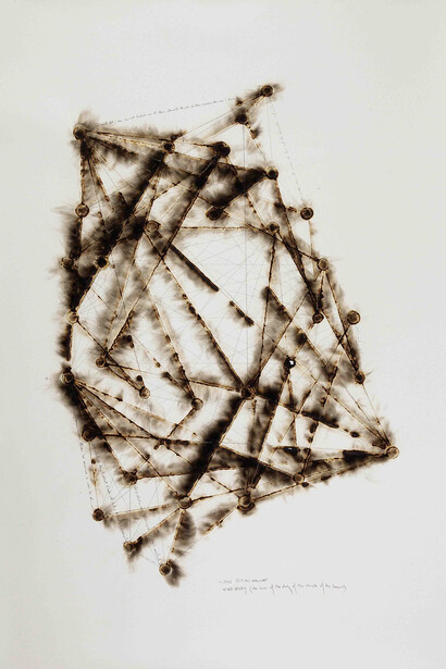 Jitish Kallat, Wind Study (the hour of the day of the month of the season), 2015, burnt adhesive and graphite on Indian handmade paper, 66 x 45 in, Courtesy Galerie Daniel Templon, Paris. © Jitish Kallat