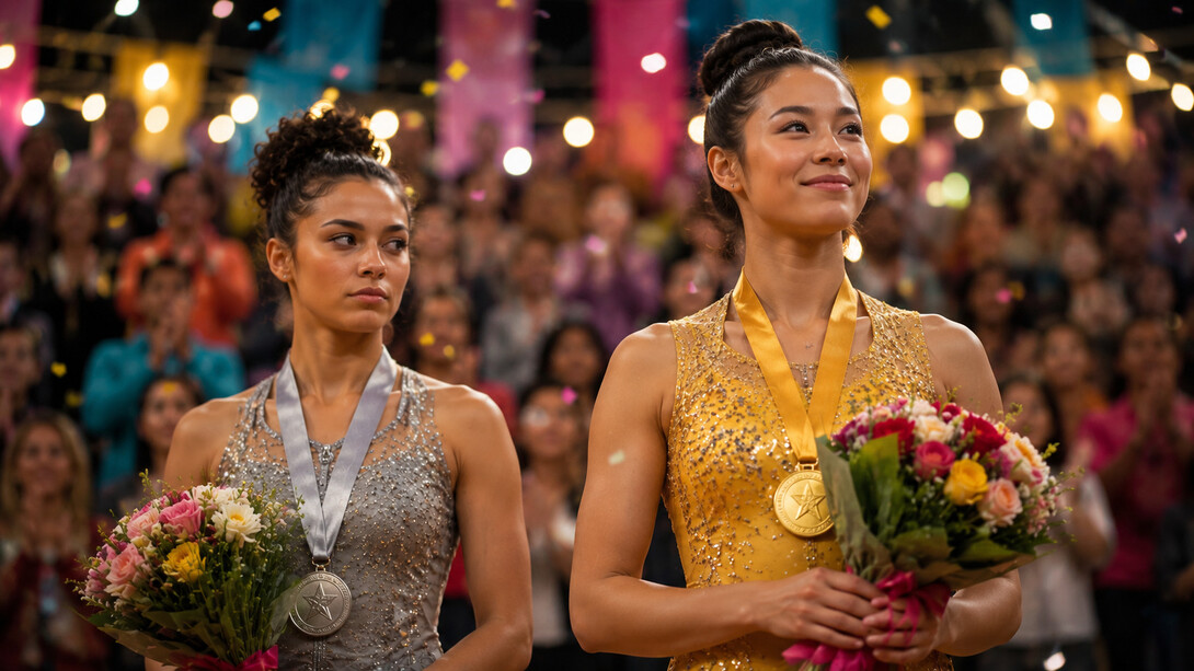 A silver medallist watching the gold winner with envy, representing the feeling of falling short despite success
