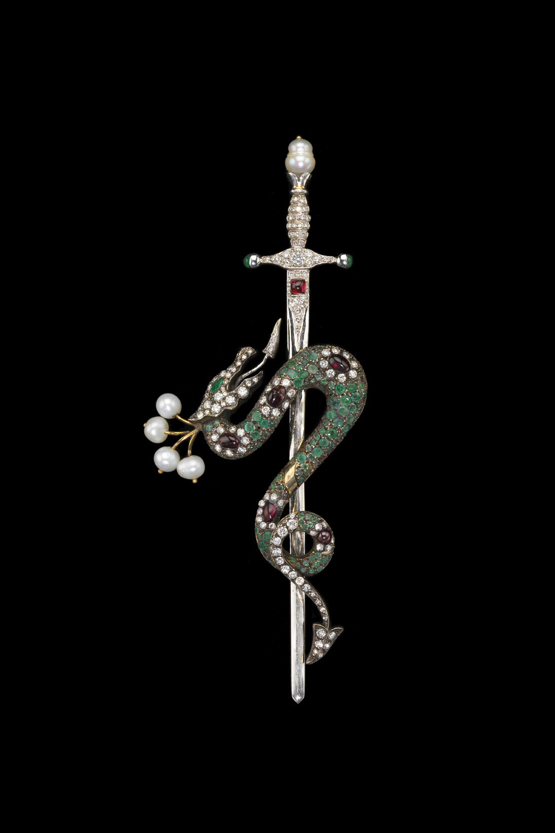 Dragon and Sword.  Designer unknown.  Acquired in Turkey in 2004.  Yellow and white gold, silver, garnet carbochons, baroque freshwater cultured pearls, diamonds, emeralds. Photo by John Bigelow Taylor.