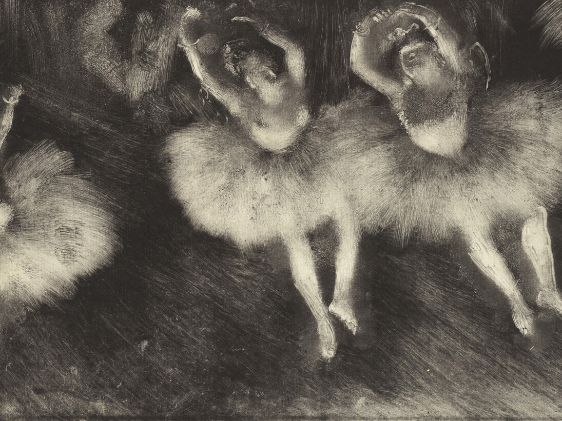Hilaire‑Germain‑Edgar Degas (French, 1834–1917). Three Ballet Dancers (Trois danseuses), c. 1878-80. Monotype on cream laid paper. Plate: 7 13/16 × 16 3/8″ (19.9 × 41.6 cm). Sterling and Francine Clark Art Institute, Williamstown, Massachusetts, 1955.1386.