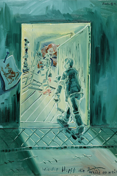 Jörg Immendorff, Wieder klopft die Politik an meine Tür, 1989, Huile sur toile, 100 x 80 cm, Photo: Lothar Schnepf, Cologne © Courtesy of Galerie Michael Werner Märkisch Wilmersdorf, Cologne & New York