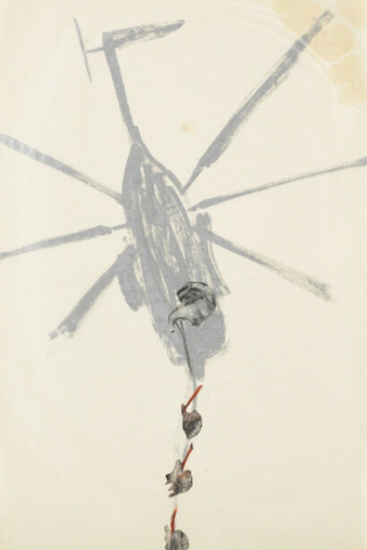 Nancy Spero, Helicopter, Pilot / Blinding Victims, 1968 Gouache and ink on paper
36 x 24 inches (91.4 x 61 cm). Courtesy of Galerie Lelong