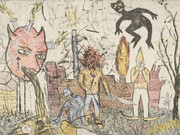 Oliver McConnie, Factory Town, 2015. Hand-coloured etching